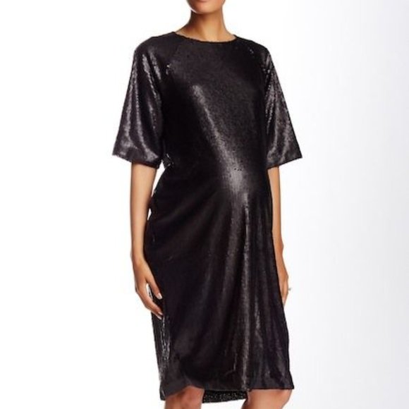 Madeleine Maternity Cube Dress Large Midi Sequin Black Short Sleeve Studio 18 - Picture 1 of 9